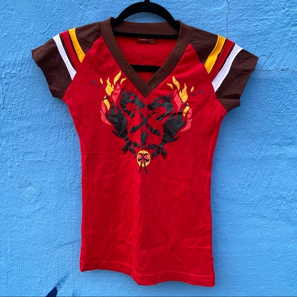 Red Y2K dragon tshirt with flames and striped, Size XS, NWOT - Picture 1 of 9